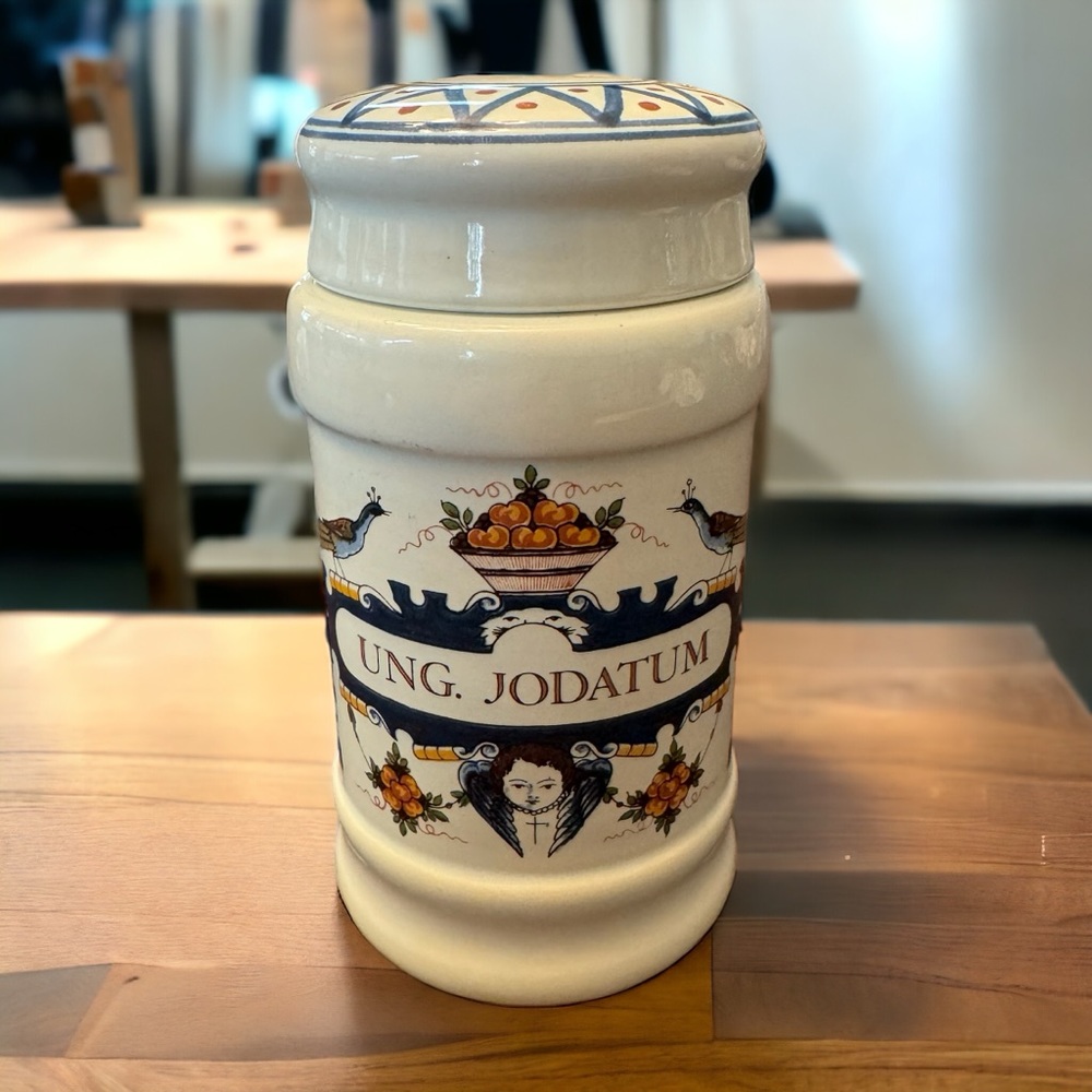 Vintage Ceramic Apothecary Jar with Blue and Orange Accents